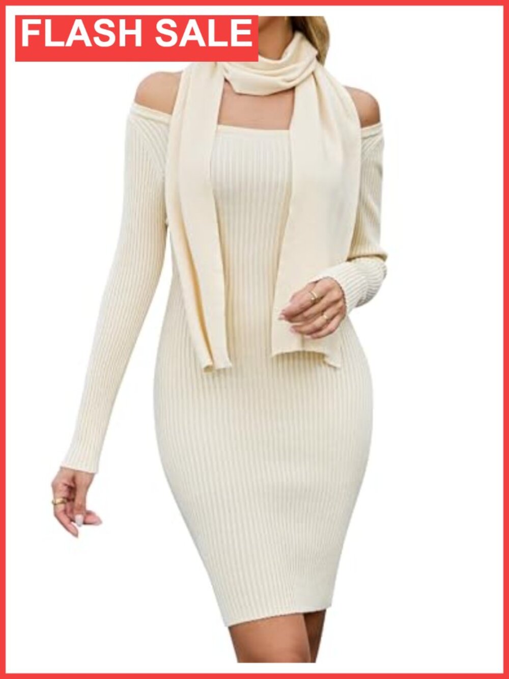Off Shoulder Sweater Dress with Matching Scarf Ribbed Knit Bodycon Long Sleeve